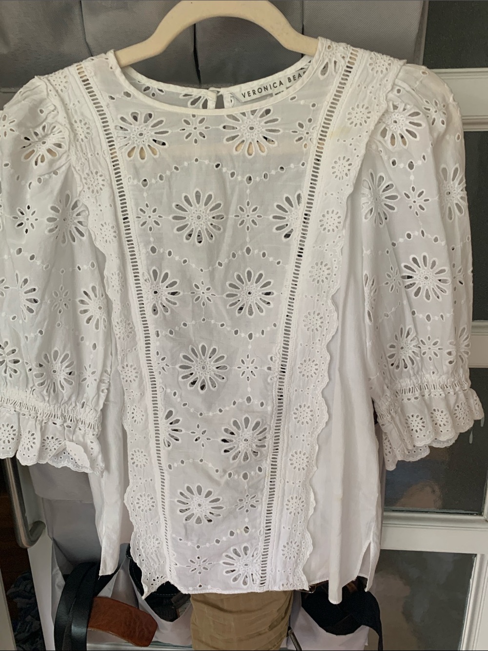 Veronica Beard White Eyelet Lace Peasant Top